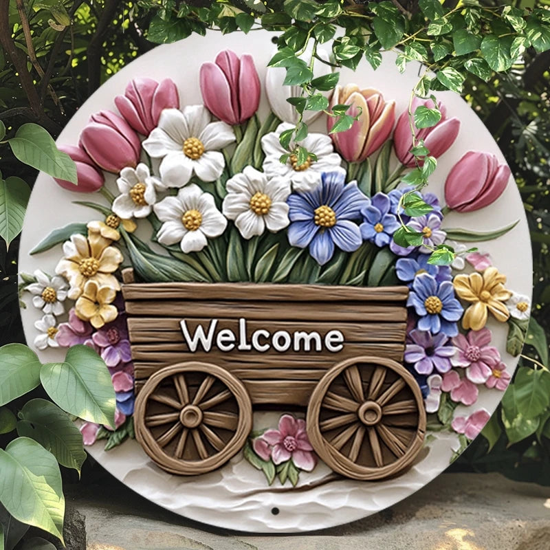 plaque décorative fleurs relief welcome bois couleur rose blanc marron pastorelle 20cm diameter