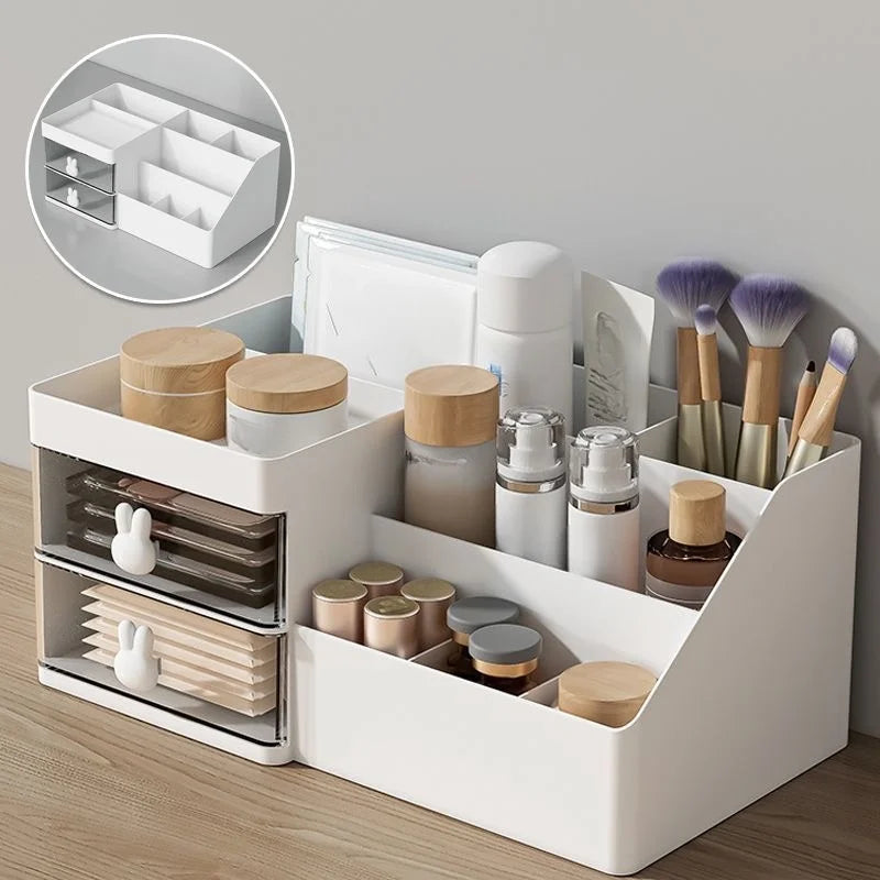 rangement cosmétique blanc minimaliste tiroirs pinceaux produits soins maquillage organisation boîte rangement
