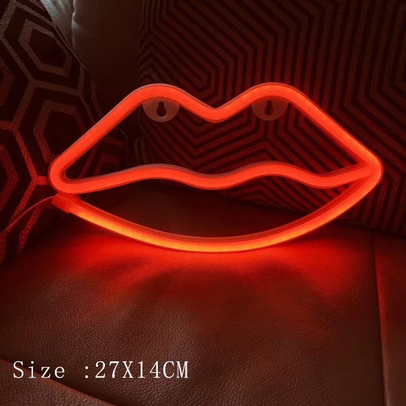 néon cœur forme lèvres motif langue rose rouge moderne lumineux décoration chambre salon fête
