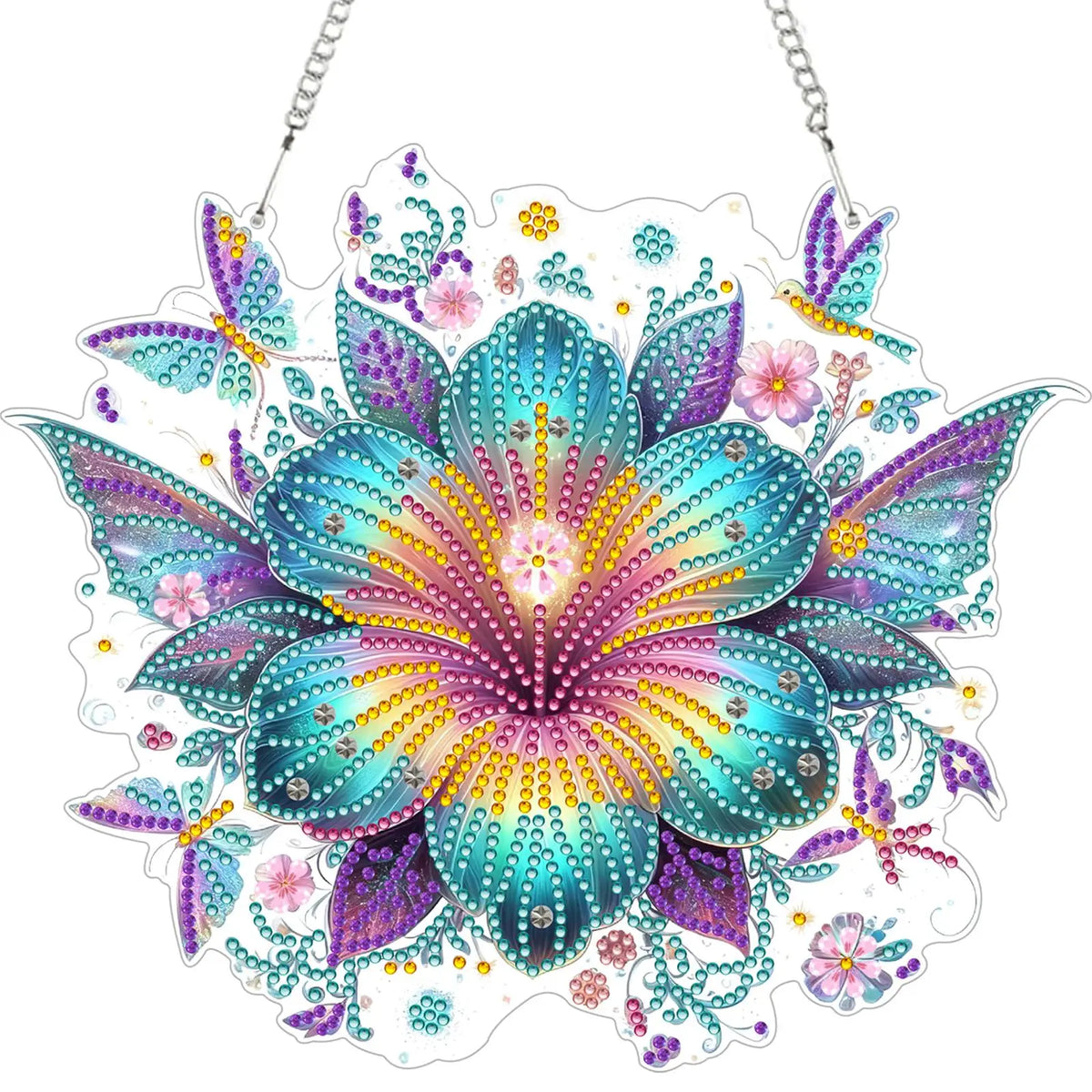 décoration murale artisanale peinture diamant motif floral violet blanc doré vert rose