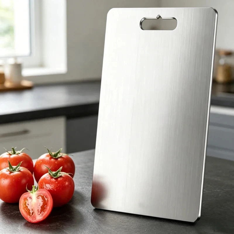 planche découper argentée moderne lisse poignée intégrée minimaliste inoxydable durable cuisine