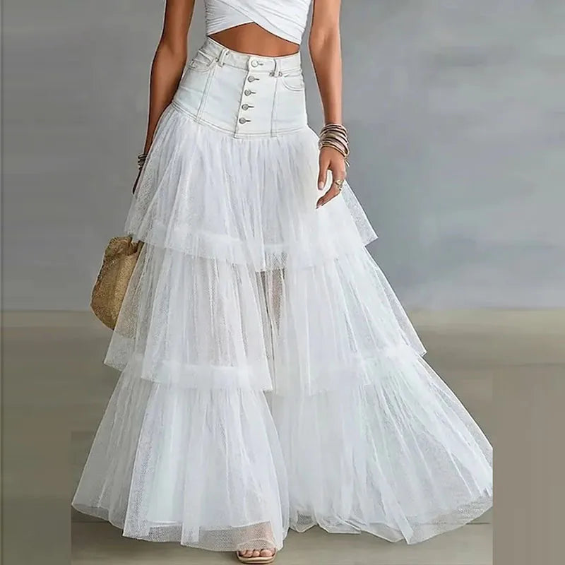 Jupe tulle multicolore bohème romantique volants blanc gris bleuclair bleufoncé