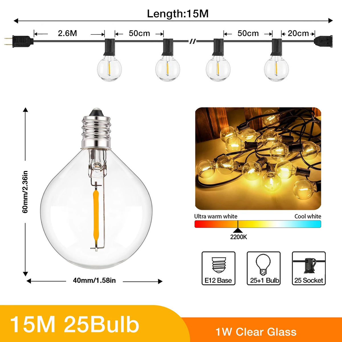 guirlande lumineuse extérieure 65 pieds led dimmable prise e12 g40 globe transparent industrielle vintage