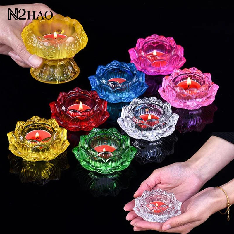support bougie verre transparent forme fleur lotus décor maison artisanal coupe vent porte bougie