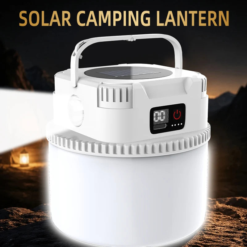 lanterne solaire portable camping led rechargeable fixation poignée écran digital prise type