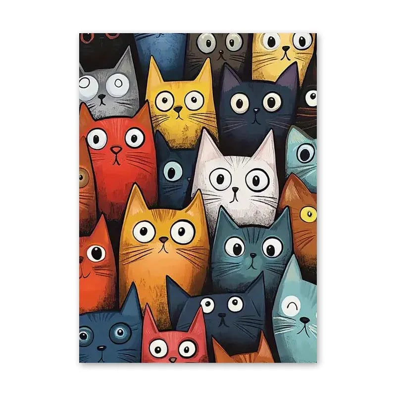 toile d'art moderne illustration chats yeux grands ouverts multicolore sans cadre doré