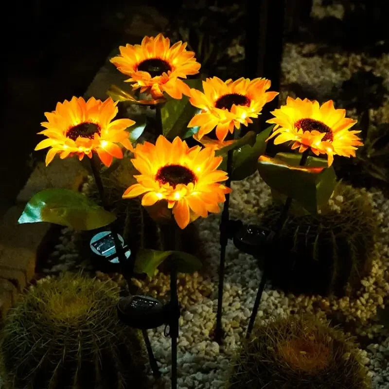 fleur artificielle solaire jaune verte moderne piquet métallique base fixation