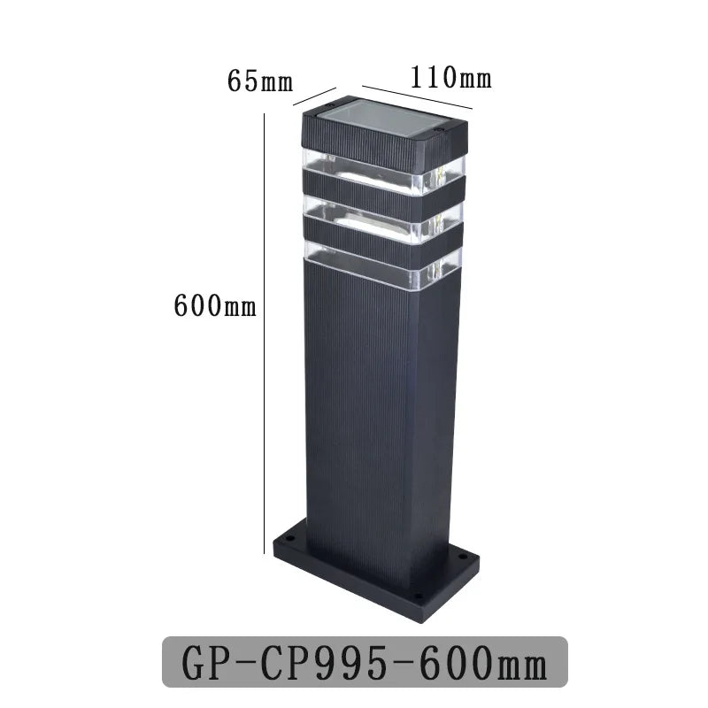 lampadaire moderne solaire extérieur panneau transparent minimaliste aspect boisé fixations sol lumière led aluminium