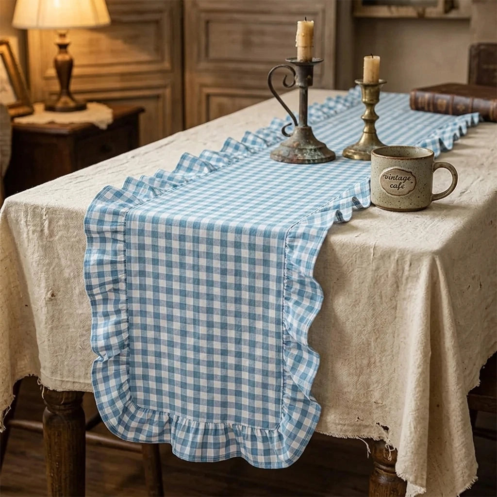 tableau chemin table carreaux bleu blanc marron beige rustique vintage mariage décoration noël anniversaire