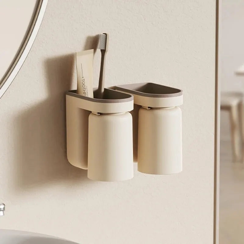 organisateur mural moderne salle bain support brosse dents récipient cylindrique beige clair gris foncé