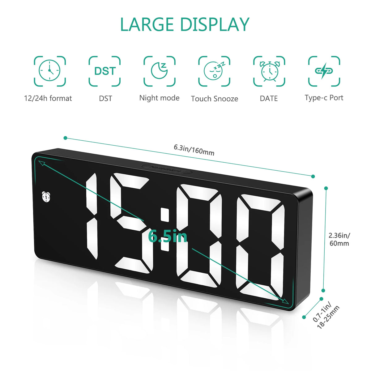réveil numérique led moderne double alimentation alarme snooze réglage luminosité 12 24h dst mode