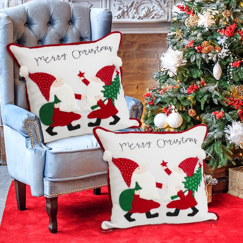 coussin carré noel brodé lutins sapins rouge blanc amovible lavable coton polyester 45x45 cm