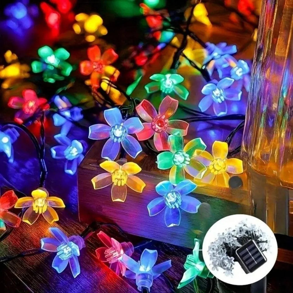 guirlande lumineuse solaire fleurs bleu multicolore moderne décoration extérieure jardin balcon festif