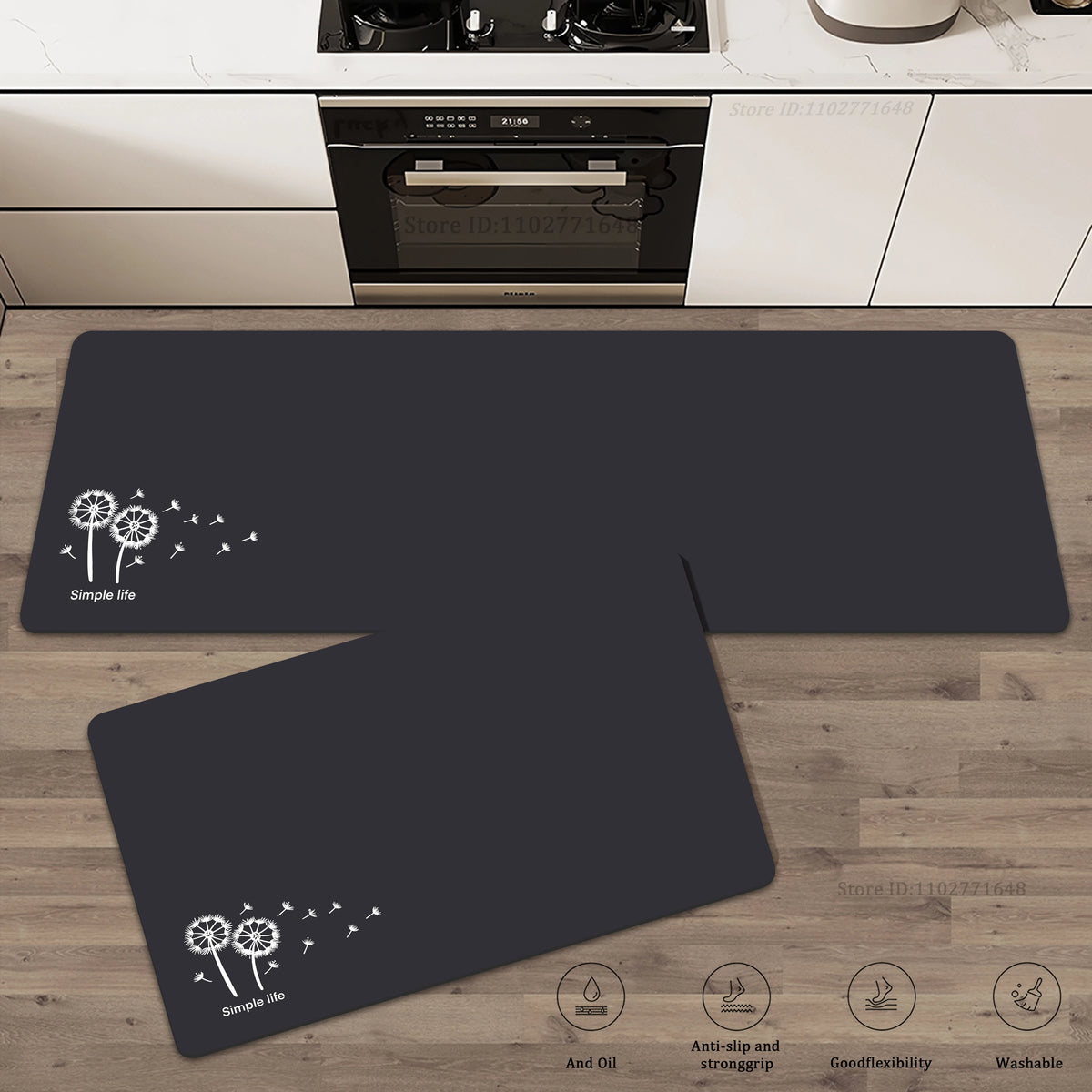 tapis cuisine noir gris motif floral antidérapant moderne minimaliste PVC