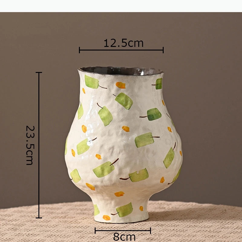 vase moderne peinture abstraite blanc bleu vert jaune artisanal fleur table decoration piece