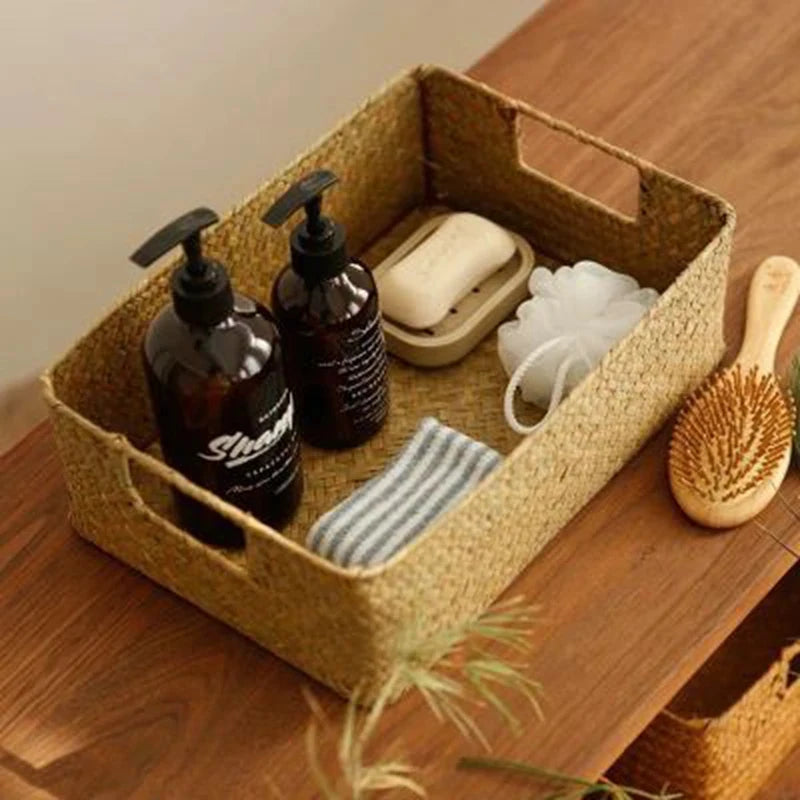 paniers tissés marron clair rustiques boho chic poignées intégrées rangement multifonctionnel écologique