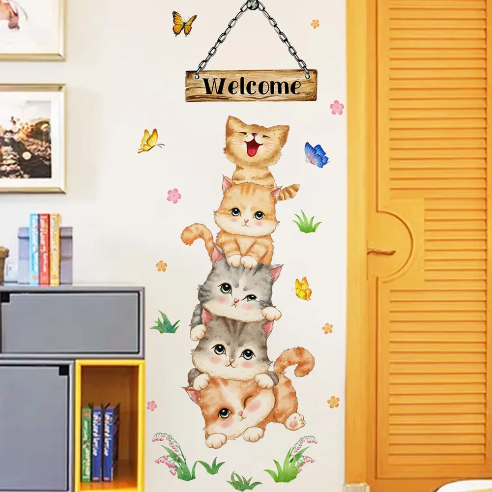 sticker mural dessin animé chatons empilés papillons fleurs welcome multicolore résistant eau chambre enfant