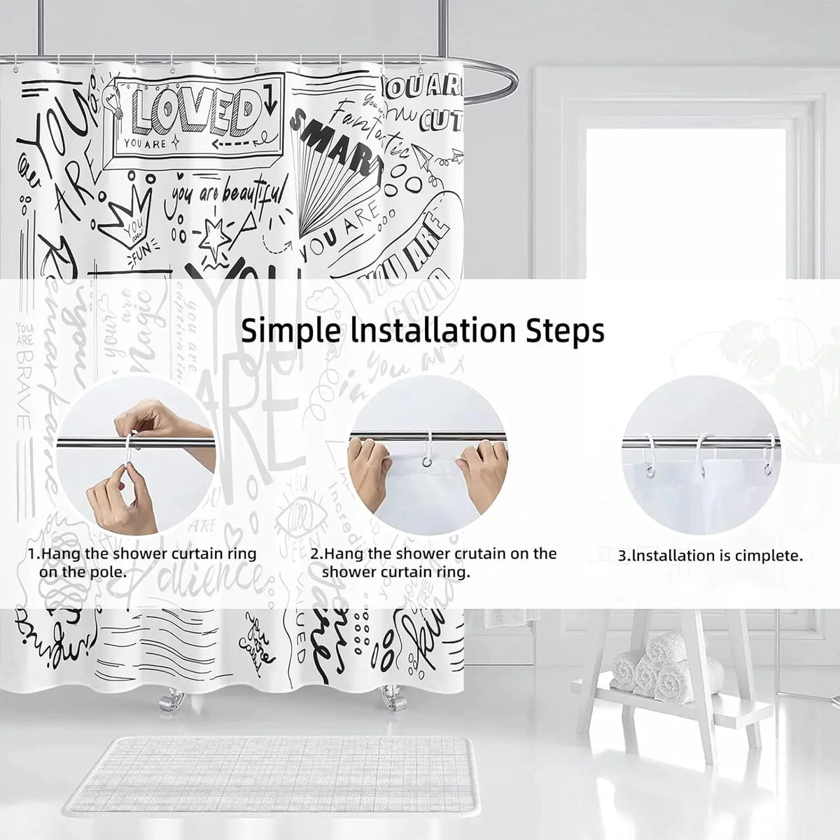 rideau douche blanc noir motifs positifs gribouillé métalliques tringle anneaux suspension salle bain