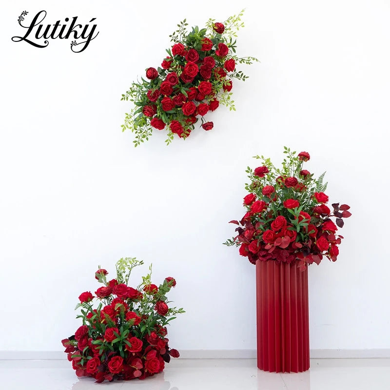 Décoration murale suspendue bouquet fleurs artificielles roses rouges feuilles vertes extérieur intérieur 70x40cm 50x50cm