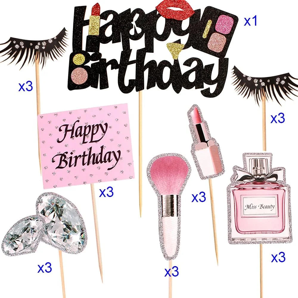accessoires gâteau glitter strass parfum maquillage cils brosse cartes happy birthday miss beauty festive