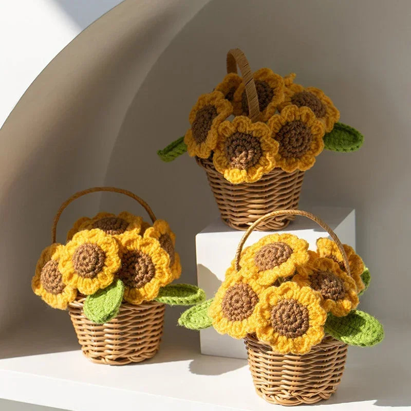 panier osier bouquet fleurs tricotées jaune marron anniversaire mariage decorationintérieur