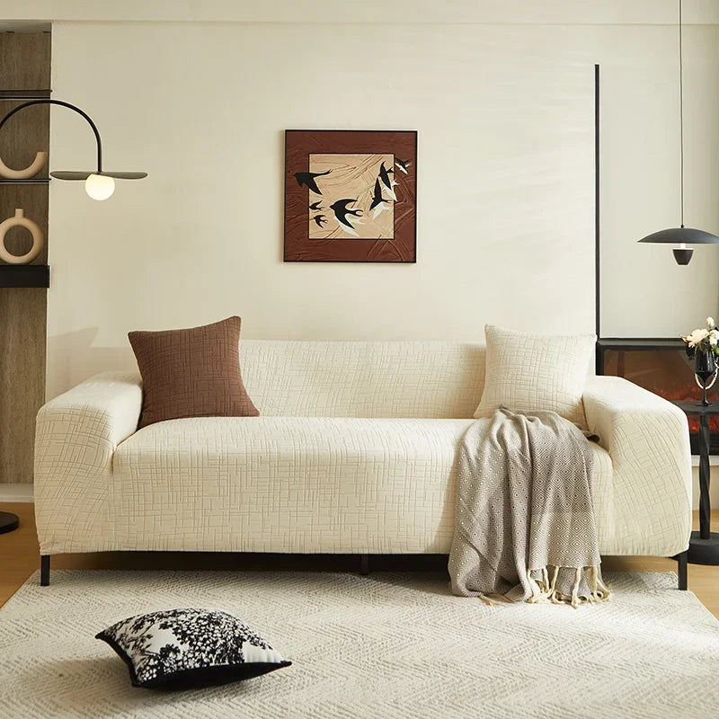 housses canapé moderne beige rayées adhésives lavables printemps été deux places deux oreillers