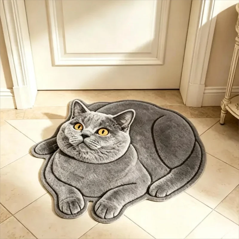 tapis décoratif moelleux forme chat allongé noir blanc gris beige salon chambre entrée maison