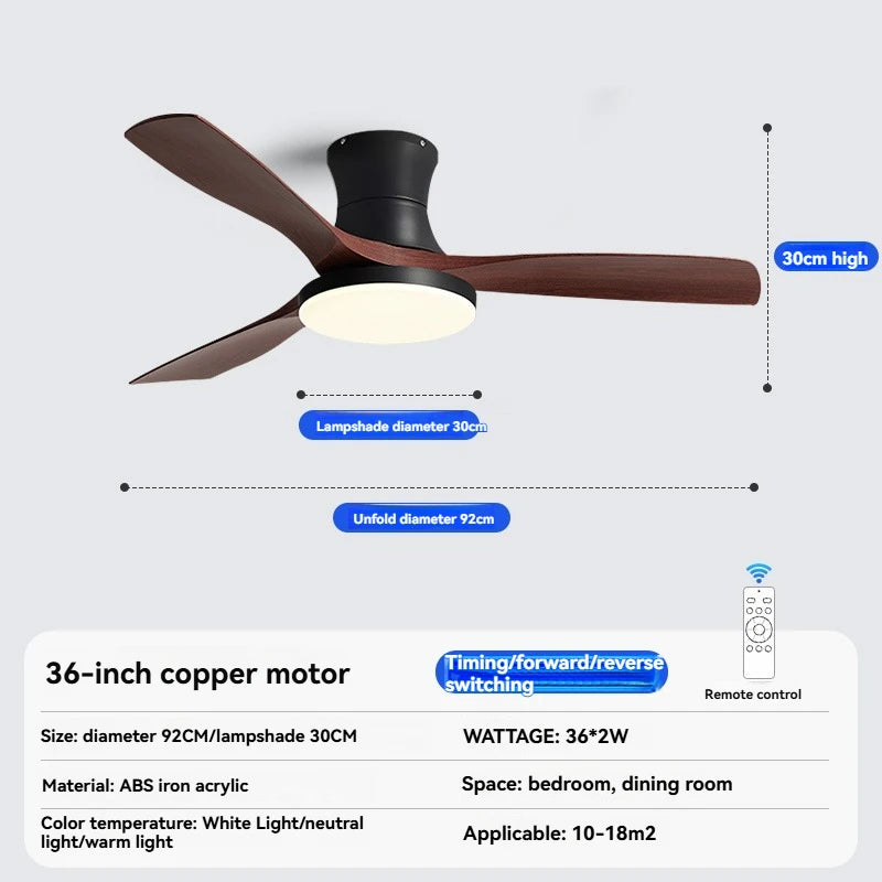 ventilateur moderne noir bois lampe led télécommande flux lumineux haute performance