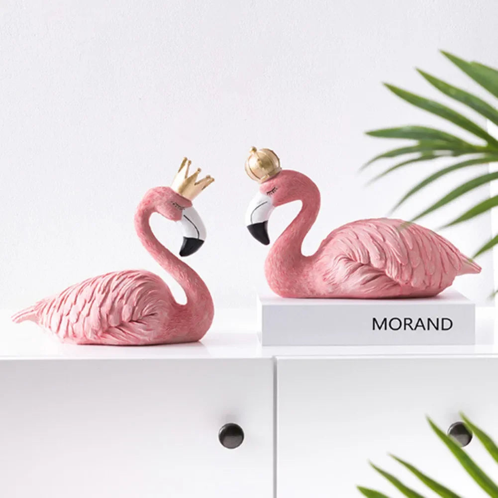 figurines flamants roses décoratives résine texturée moderne ornement blanc doré chambre
