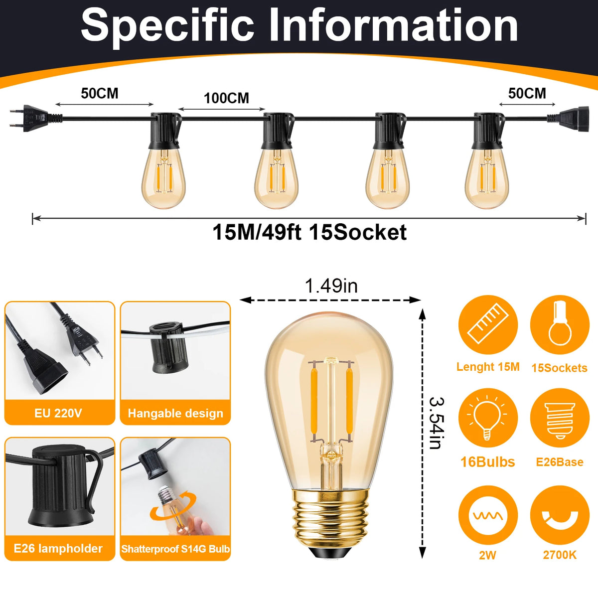 guirlande lumineuse led dorée 15 ampoules 15m clips noirs moderne vintage imperméable 220v
