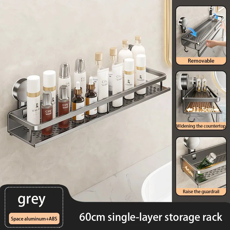 étagère salle bain argentée perforée moderne clips adhésifs crochets rechargeable murale aluminium