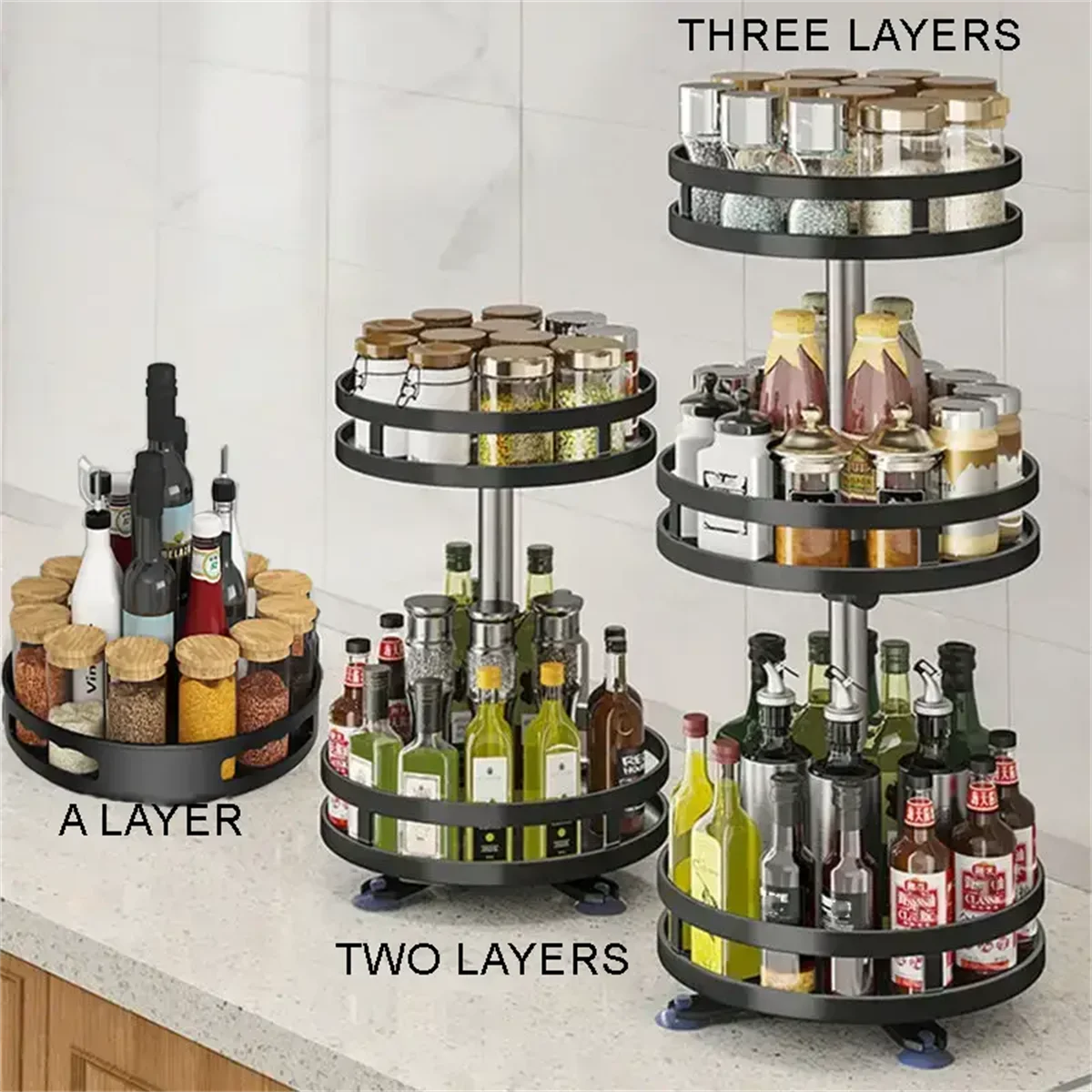 rangement tournant étagère métal noir argenté pots épices bouteilles cosmétiques moderne utilitaire
