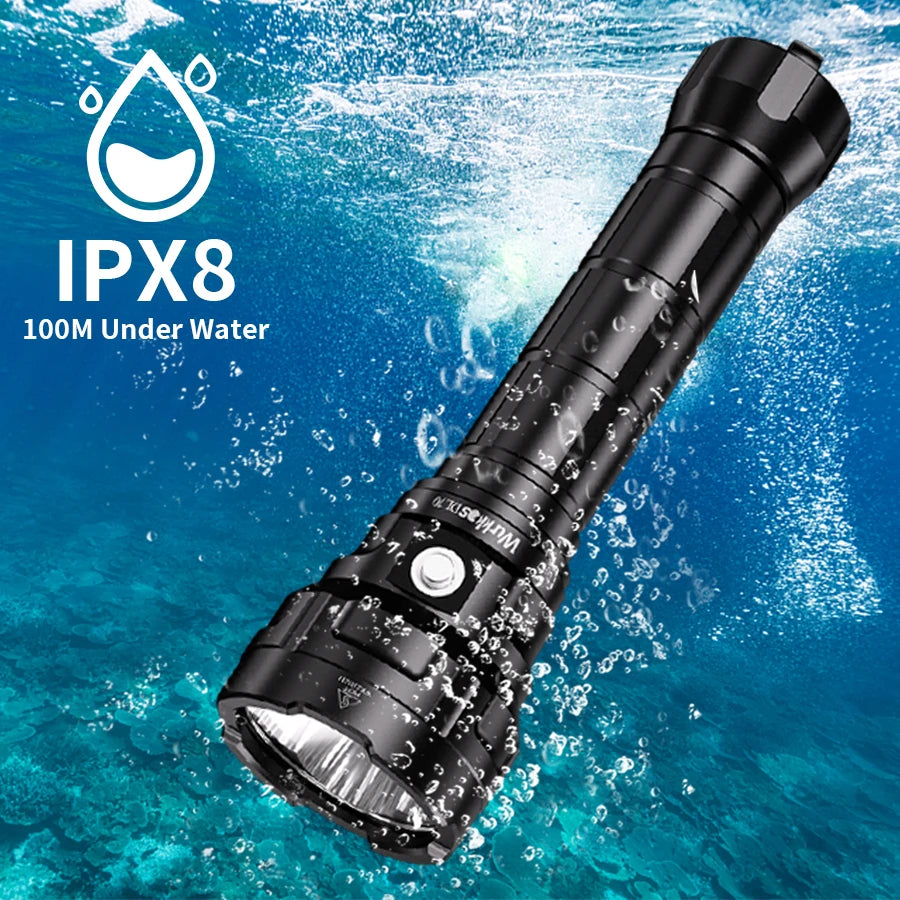 lampe poche plongée sous marine led 30w noir texturé rainures lumière intense 200 500mètres