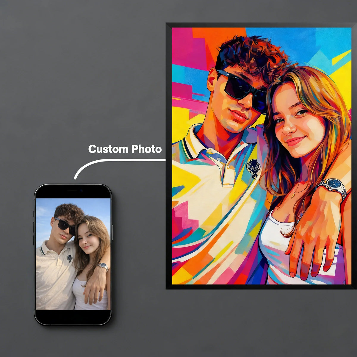 affiche personnalisée pop art moderne multicolore noir cadre photo décoration murale intérieur couple famille