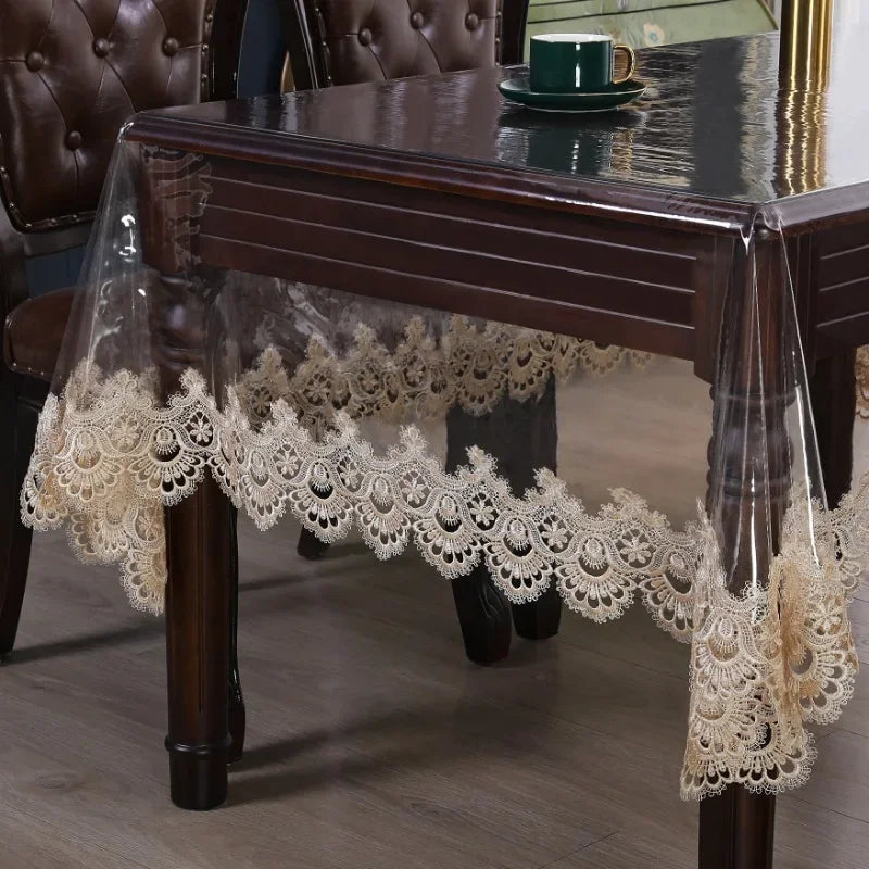 nappe table rectangulaire transparente dentelle beige pvc imperméable salle manger classique
