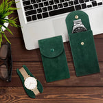 pochette rangement montre velours vert bouton métallique protection anti choc sac emballage bijoux