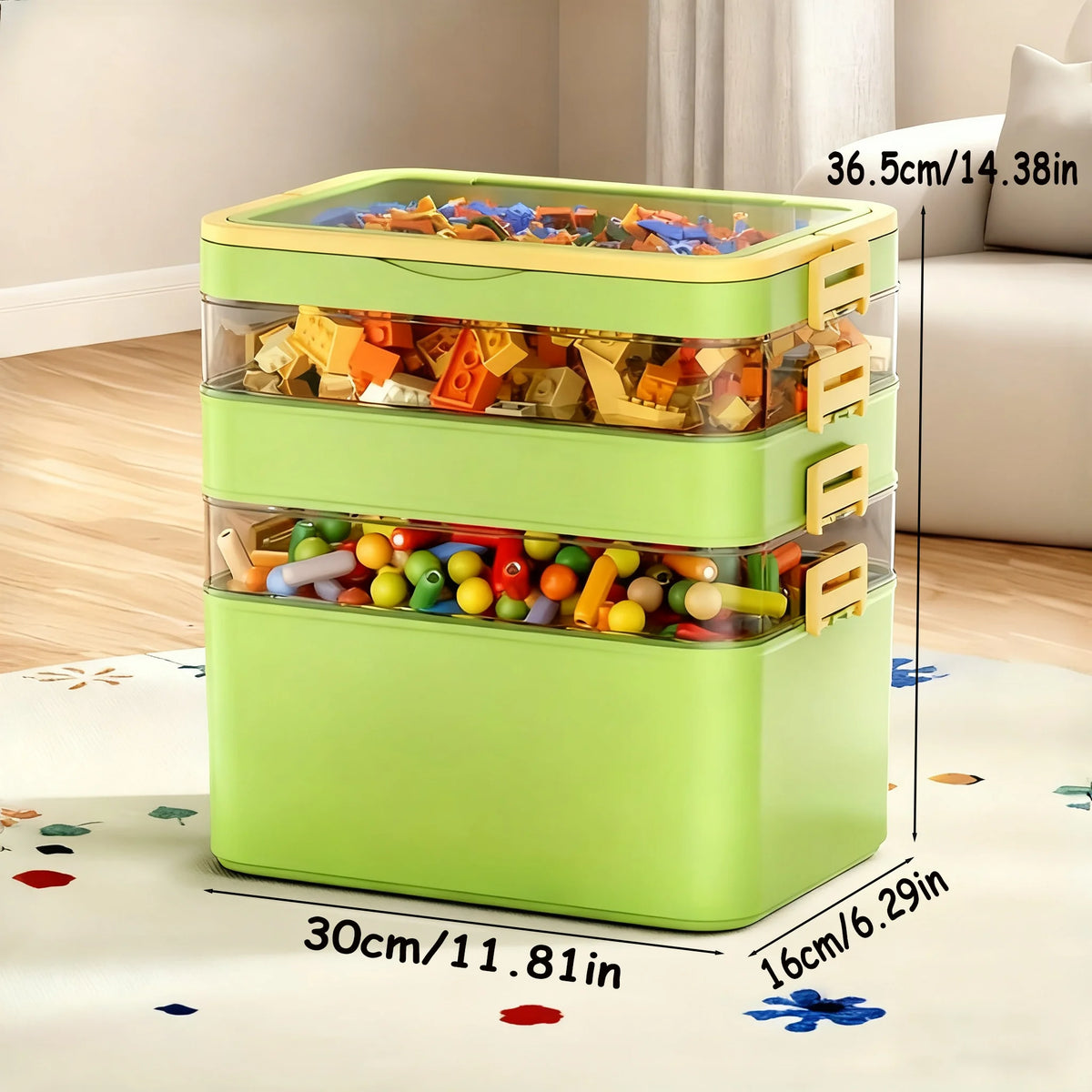 boîtes rangement transparentes empilables jouets colorés moderne poignées vert rose jaune