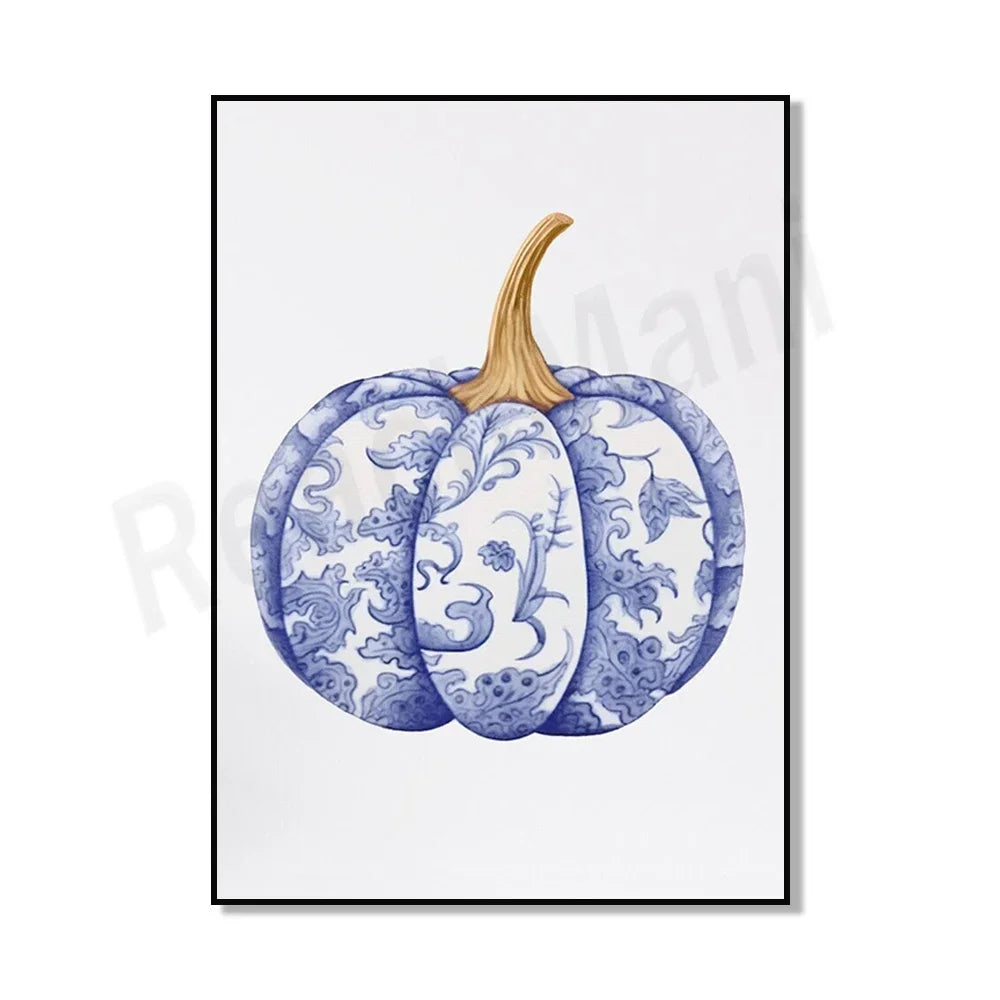 Une citrouille ornée de motifs bleus et dorés, évoquant l'élégance et la richesse d'un automne raffiné.