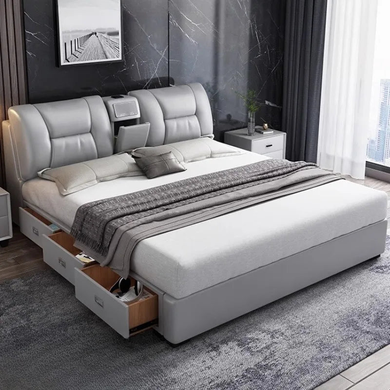 lit double moderne gris clair simili cuir tiroirs latéraux table chevet