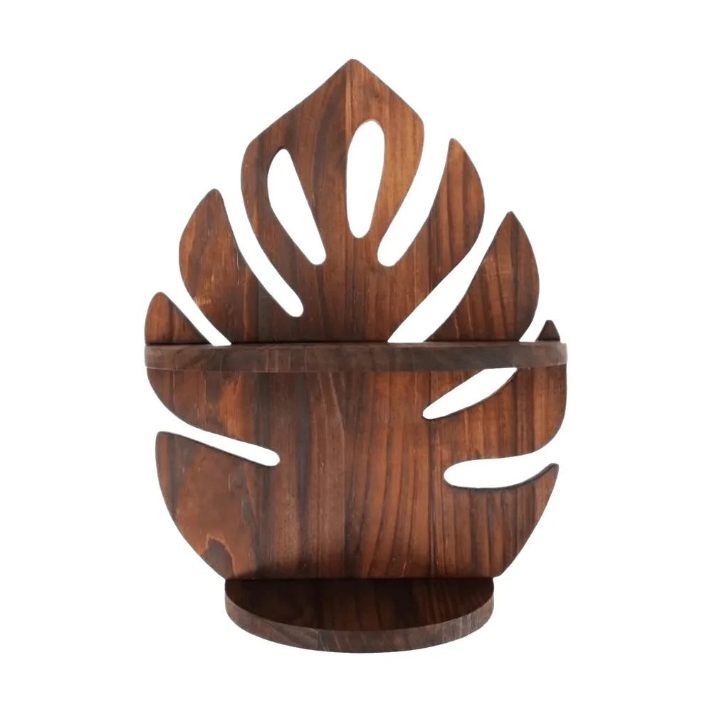 étagère murale bois moderne feuille stylisée marron foncé support rangement photo livre salon deco