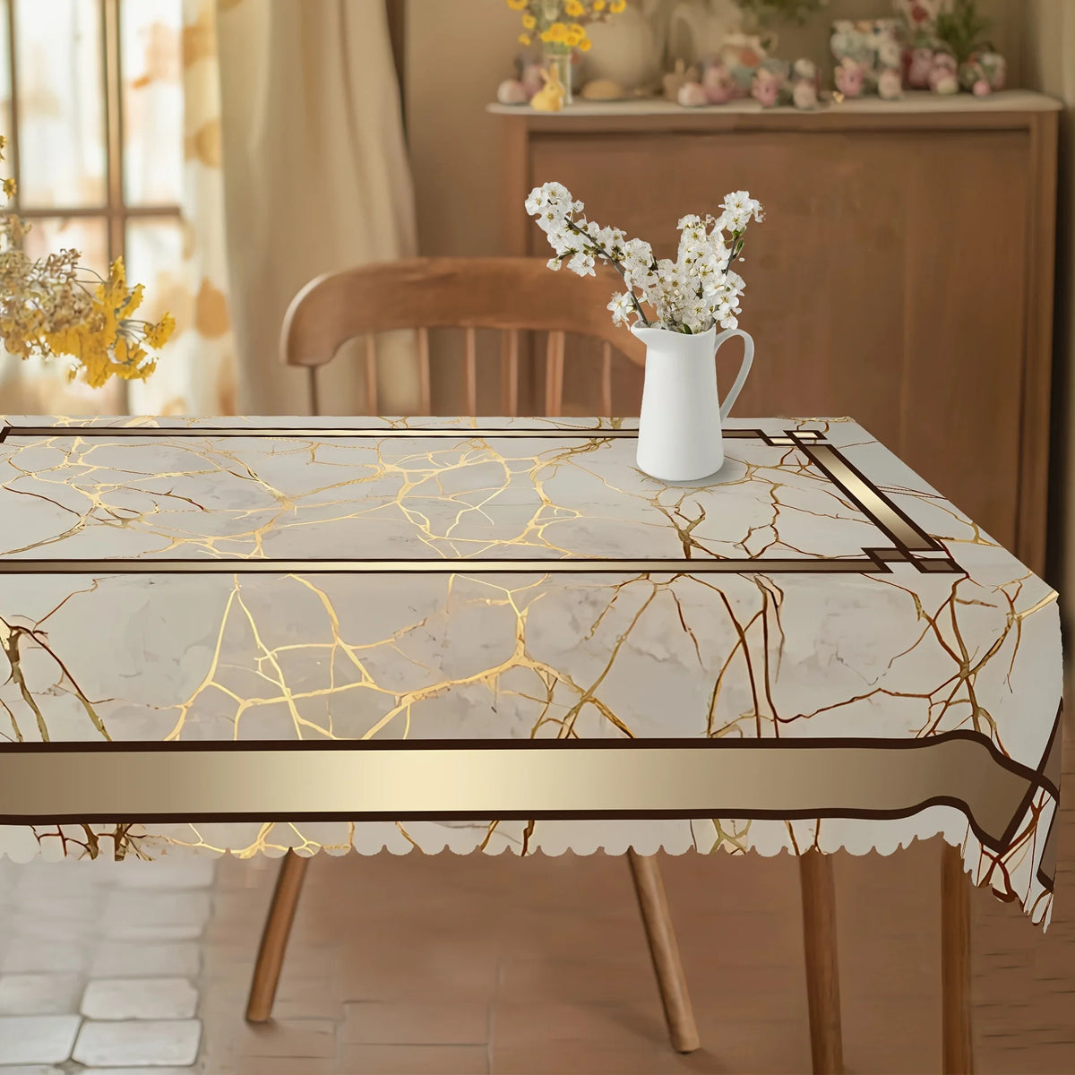 nappe table marbre doré classique blanc beige élégante imperméable machine réutilisable printemps pâquesextérieur