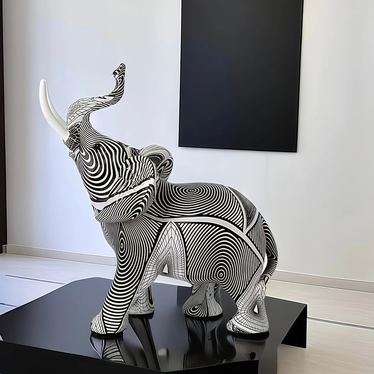 statue éléphant résine rayée noir blanc artisanale décoration moderne maison salon