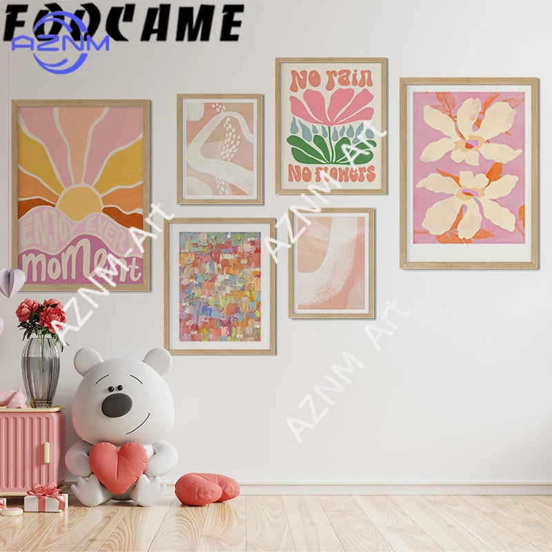 affiche murale toile fleurs abstraites moderne décoration salon minimaliste rose jaune vert blanc