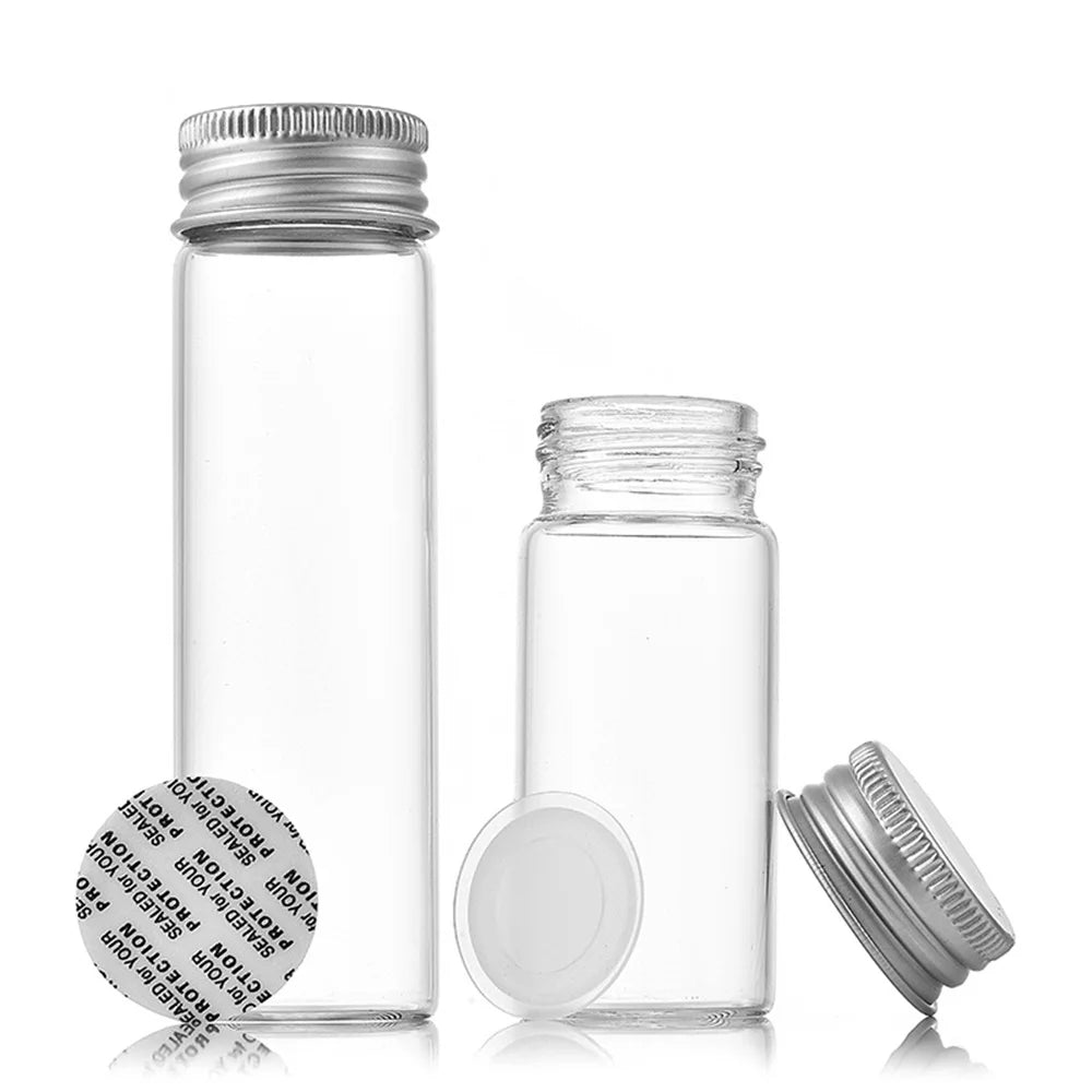 bouteilles transparentes stockage 10ml 20ml 30ml 40ml 50ml capsules métalliques respectueux environnement moderne minimaliste