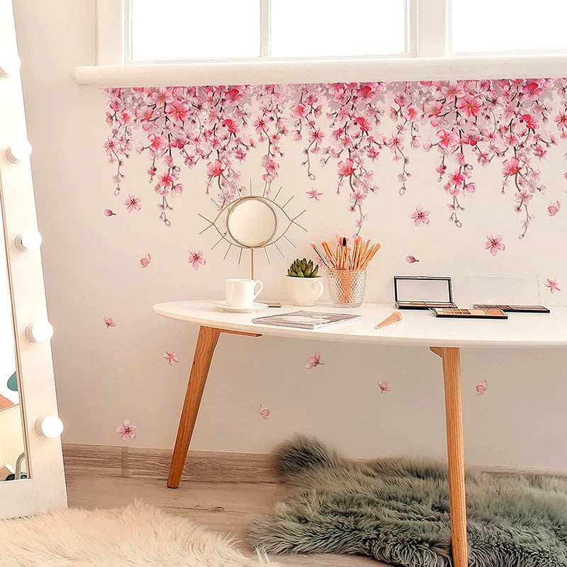 sticker mural rose fleurs cerisier adhésif décoration intérieure floral papillons chambre salon