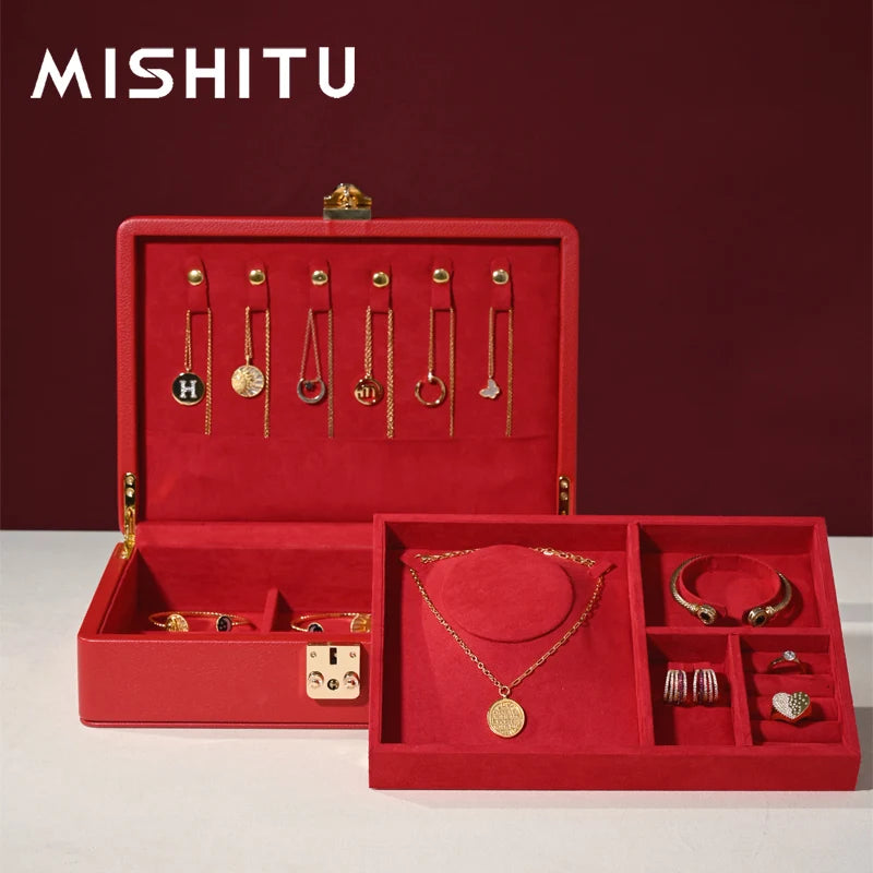 boîte bijoux velours rouge blanche rangement bracelet bague collier boucles d'oreilles pendentif classique respectueux