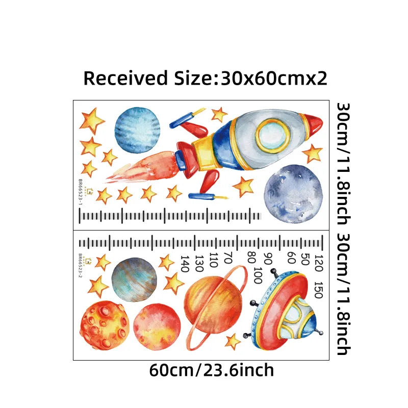 sticker mural spatial fusée planètes étoiles illustration enfant chambre croissance adhésif multicolore opacité