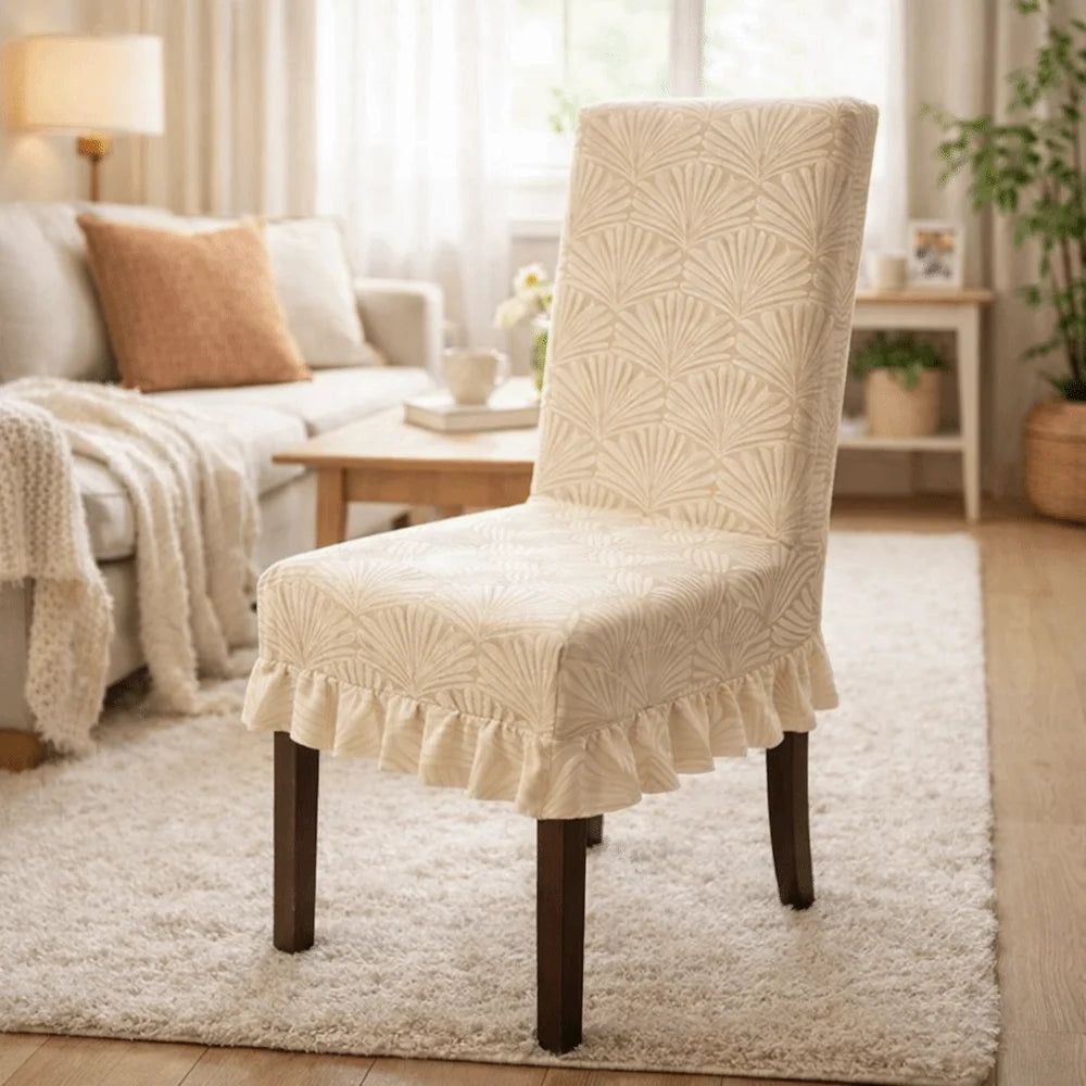 Housse chaise moderne feuilles stylisées beige orange vert bleu foncé gris bleu clair polyester