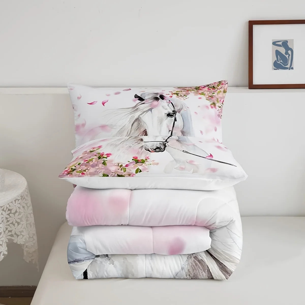 ensemble literie moderne floral cheval blanc couleurs rose gris double queen king twin