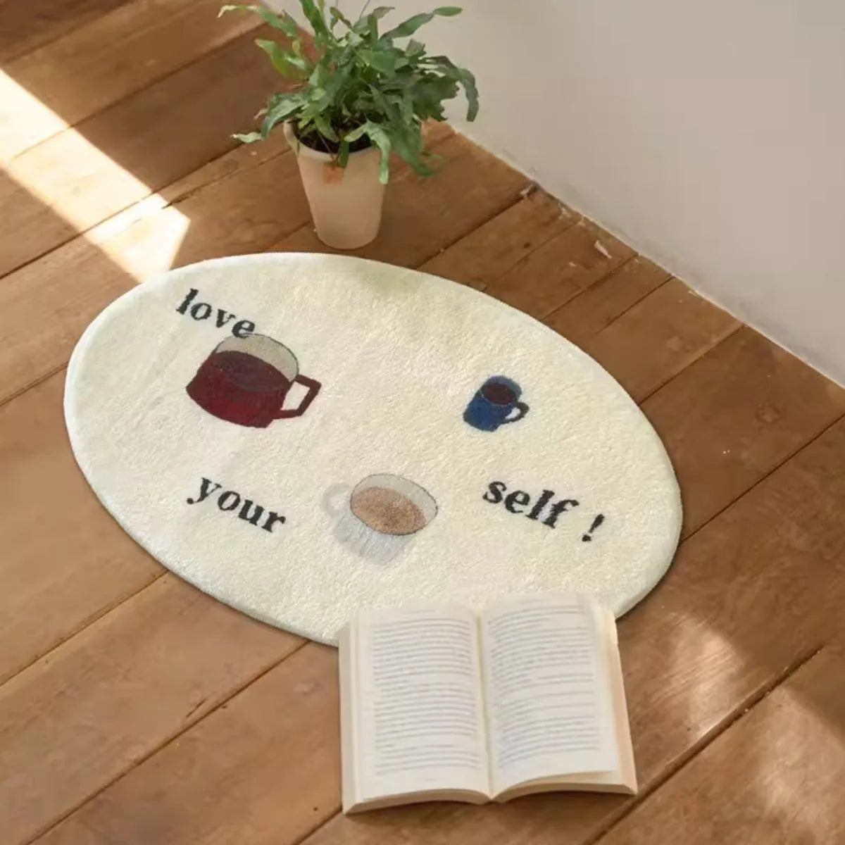tapis ovale moderne imprimé lettres tasses salle bain intérieur beige clair anti salissure imperméable